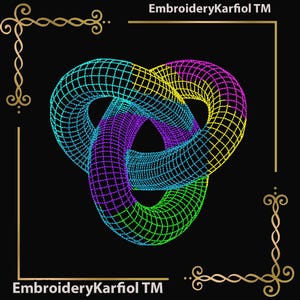 May include: A digital illustration of a three-dimensional, interwoven knot in shades of blue, purple, yellow, and green, set against a black background. The design is geometric and appears to be made of a wireframe mesh. The text "EmbroideryKarfiol TM" is displayed.