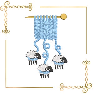 Weihnachten, Schaf mit Wollgarn und Stricknadeln, digitale Stickdatei, Stickmuster