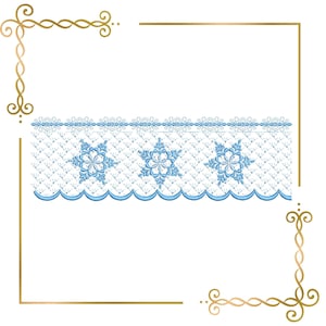 May include: A strip of white lace trim featuring a repeating pattern of light blue embroidered snowflakes. The lace has a scalloped bottom edge and a delicate diamond-shaped mesh background, framed by a decorative gold border design.