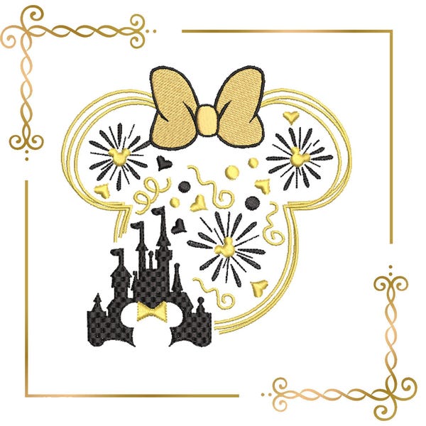 Borduurontwerp Kerstmis, Minnie, hoofd, nieuwjaar, vuurwerk, kasteel, directe download