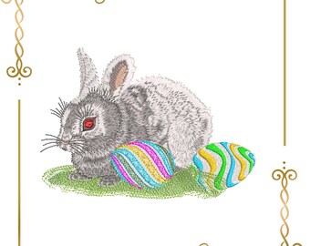 Conejito de Pascua realista con huevos de colores, diseños de bordado a máquina digital de conejo