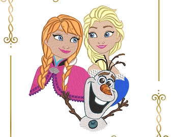 Princess Elsa & Anna Winter Sisters, Olaf, Winter frozen –  2 Sizes – Machine Embroidery File