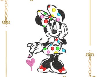 Minnie Malerei ihr Kleid, Cartoon Maus Künstler Stickdatei 3 Größen