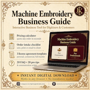 May include: A digital guide titled Machine Embroidery Business Guide displayed on a laptop screen. The interface features buttons for Customers and Professionals, alongside a list of tools including a pricing calculator, order intake checklist, license agreement templates, and FAQ sections.