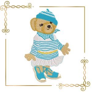 Osito de peluche súper de moda, niña, mar, personaje de dibujos animados, diseño de bordado de 2 tamaños para descarga directa.