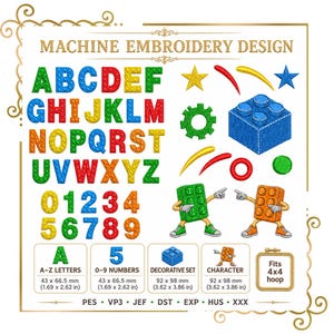 May include: A machine embroidery design set featuring the alphabet and numbers 0-9 in a block-style font with a textured surface. Includes a blue building block, stars, gear, and two anthropomorphic block characters. Fits a 4x4 inch hoop.