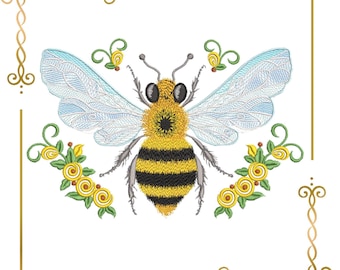 Bee with flowers machine  embroidery design digital