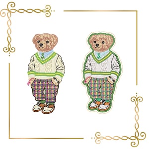 Teddy Bear Fashion in knitted sweater and in plaid pants embroidery design  (Digital File)