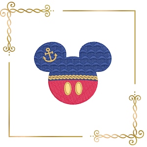 May include: An embroidered patch shaped like a mouse head silhouette. The top portion is dark blue with a wave pattern and a gold anchor icon. The bottom portion is red with two gold oval buttons. A gold rope-like trim separates the two colors.
