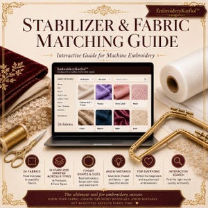 May include: A digital stabilizer and fabric matching guide for machine embroidery displayed on a laptop screen, surrounded by fabric swatches, a spool of gold thread, ornate scissors, and an embroidery hoop on a cream-colored background.