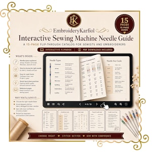 Op de afbeelding: Een interactieve naaimachinenaaldgids van 15 pagina's door EmbroideryKarfiol, met een digitale flipbook-interface, naaldtype-overzichten, systeemvergelijkingen en maattabellen voor diverse stoffen, getoond met garen en naalden.
