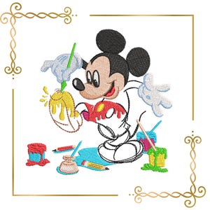Zabawa z malowaniem Myszki Miki, Myszka Miki rysuje siebie, Plik do haftu maszynowego z rysunkami Myszki Miki w 3 rozmiarach