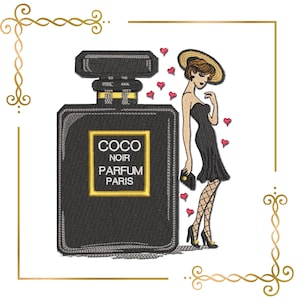 May include: Black and gold embroidered design of a woman in a black dress and hat standing next to a bottle of perfume labeled "COCO NOIR PARFUM PARIS".
