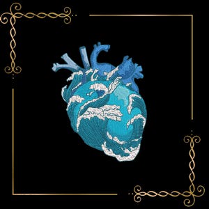 Corazón anatómico y olas del océano – Diseño de bordado a máquina en 2 tamaños