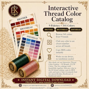 Puede incluir: Un catálogo interactivo de colores de hilo con tres tarjetas apiladas etiquetadas Brother, Brothread y Simthread con cuadrículas de muestras. Dos carretes de hilo en verde oscuro y rosa polvoriento están delante. El texto detalla funciones digitales.