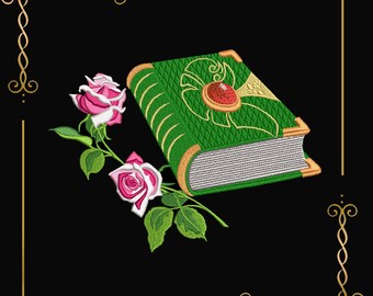 May include: An embroidered design featuring a green book with a textured diamond pattern, gold corner accents, and a central red gemstone detail. Beside the book are two pink roses with green leaves, all framed by gold decorative corner borders.