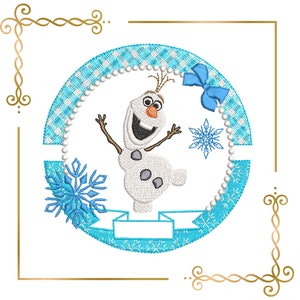 May include: A blue and white gingham circle with a white snowman character in the centre. The snowman is wearing a black top hat and has a carrot nose. There is a blue bow and snowflakes around the snowman.
