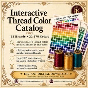 Interaktiv broderitrådsfärgkatalog — 82 märken 22378+ färger — Digital nedladdning
