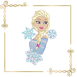 Princess, Winter Snow Princess, Girl Elsa with Braid and Snowflake | Winter Fairy Tale Machine Embroidery File
