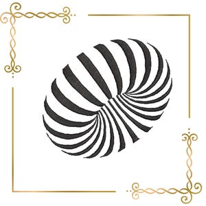 May include: Black and white embroidered design featuring a three-dimensional, oval-shaped pattern of curved stripes. The design is set against a white background and framed by gold decorative corners and lines.