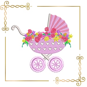 Mother&#39;s day, baby stroller, with flowers, newborn, baby, Embroidery design to the direct download.