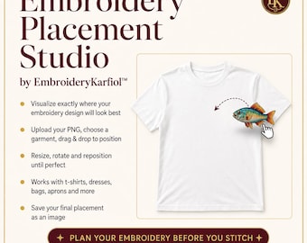 May include: A white t-shirt graphic design tool titled Embroidery Placement Studio by EmbroideryKarfiol. The interface features a cursor dragging a colorful fish illustration onto the shirt, with instructional text for digital embroidery layout.
