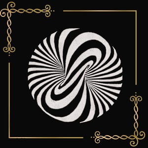 May include: A black and white optical illusion design, with a swirling pattern, is centered on a black background. The design is framed by a gold border and decorative corner elements. The image has a modern, abstract aesthetic.