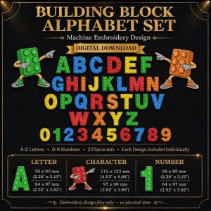 Pode incluir: Um conjunto de designs digitais para bordado à máquina com o alfabeto e números 0-9 em estilo de blocos de montar coloridos. Inclui dois personagens de blocos. O texto inclui BUILDING BLOCK ALPHABET SET, DIGITAL DOWNLOAD e dimensões.