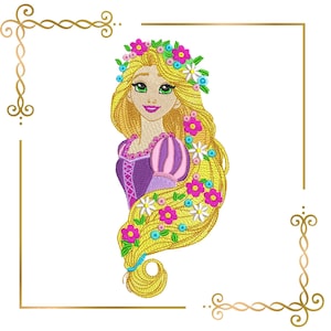 Embroidery Design Elegant Princess with Floral Hair - Rapunzel 2 large sizes - instant download