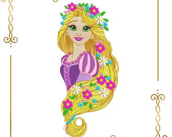 Embroidery Design Elegant Princess with Floral Hair - Rapunzel 2 large sizes - instant download