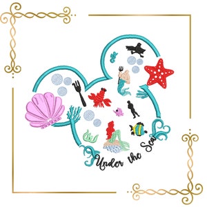 Ratón, cabeza, personajes de hadas, Princesa Ariel, diseño de bordado para descarga directa