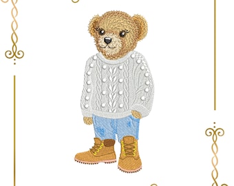 Trendy Teddy Bear Embroidery Design: Sweater & Boots (Digital Download)