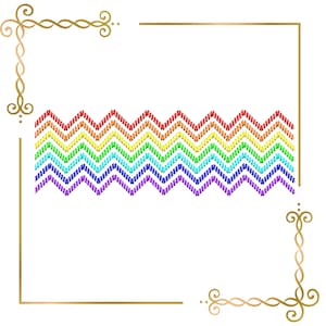 May include: A digital embroidery design featuring a horizontal band of five parallel chevron lines in a rainbow colour sequence of red, orange, yellow, green, blue, and purple, framed by gold decorative corner flourishes and thin gold lines.