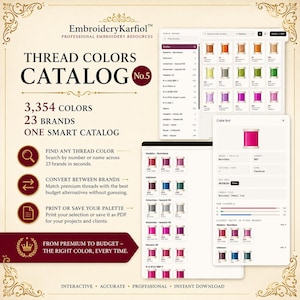 May include: EmbroideryKarfiol Professional Embroidery Resources Thread Colors Catalog No.5 featuring 3,354 colors and 23 brands. The digital interface displays thread spools, brand lists, search functions, and color conversion tools for embroidery projects.