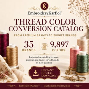 Puede incluir: Un anuncio de producto digital para el catálogo de conversión de colores de hilo EmbroideryKarfiol con 35 marcas y 9,897 colores. La imagen muestra varios carretes de hilo en burdeos, dorado, rosa y verde, junto con unas tijeras.