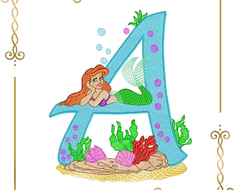 Princess Ariel, Letter A, Monogram,  Digital Embroidery Design File