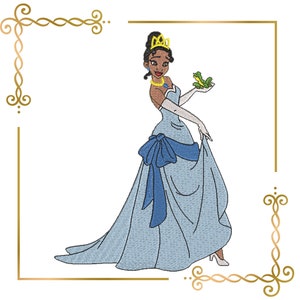 May include: A blue and white princess dress with a blue bow and a frog in her hand. She is wearing a gold crown and a gold necklace.