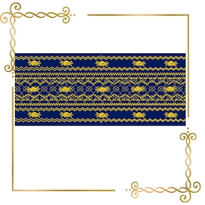May include: A rectangular dark blue fabric strip featuring intricate yellow embroidery. The design consists of horizontal bands of geometric zigzag patterns, diamond grids, and small floral motifs repeated across the entire surface.