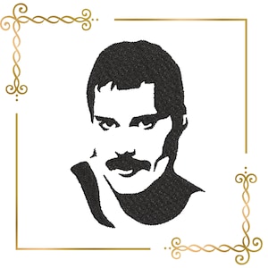 Op de afbeelding: Zwart-witte silhouet van een man met een snor. De man kijkt naar rechts. De afbeelding is omlijst met een gouden rand.