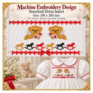 Smocked Dress Insert Embroidery Design, Teddy Bears, Rocking Horses (Instant Download)