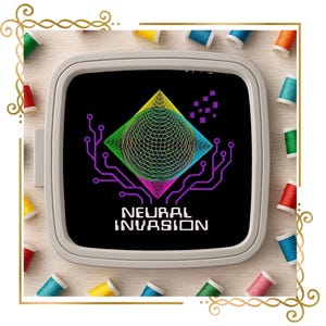 May include: A square embroidery hoop containing black fabric with a colorful geometric sphere design, purple circuit board lines, and the text NEURAL INVASION in white. The hoop is surrounded by various colorful spools of embroidery thread.