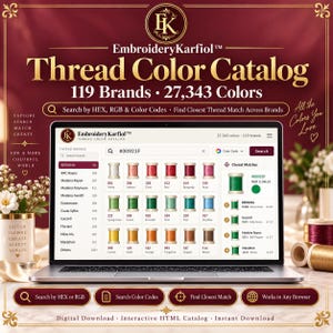 Pode incluir: Um computador portátil exibindo o site EmbroideryKarfiol Thread Color Catalog, com uma interface de busca para 119 marcas e 27.343 cores. A tela mostra uma grade de carretéis de linha, códigos de cor e uma função de correspondência de cores.