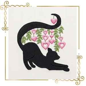 May include: An embroidery design on white fabric featuring a black cat in a stretching pose. The cat's arched tail supports hanging green leafy branches and several pink heart-shaped outlines. The design is framed by gold decorative corner accents.
