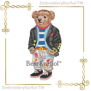 May include: An embroidery design of a brown teddy bear wearing a black blazer with gold buttons, a blue and white striped shirt, a red collar, and light-colored pants with red and yellow paint splatters, black sneakers, and the text BearKarfiol.