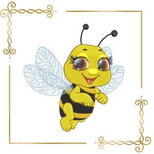 Cartoon bee with beautiful eyes embroidery design to the direct download