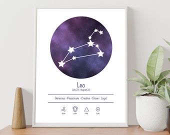 Astrology Print. Zodiac Wall Art. Gift. Birthday. Constellation. Zodiac Sign