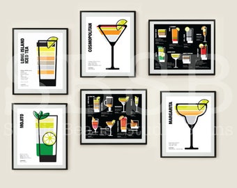 Cocktail Wall Art. 16 Classic Cocktail Recipes  8x10. Home Bar Decor