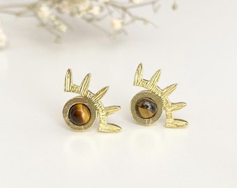 Pendientes de ojos, pendientes de latón, pendientes de lóbulo de oro, pendientes de lóbulo de piedra, pendientes de ojo de tigre, pendientes de mujer de oro, boho