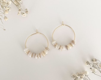 Golden circle earrings, beaded circle earrings, heishi stone earrings, mother-of-pearl earrings, bridal earrings, boho earrings