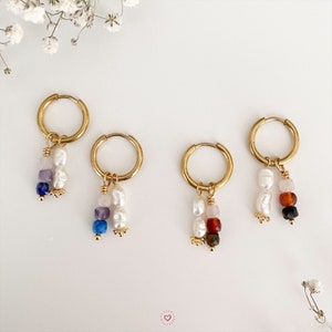 Gouden oorringen, hangende oorringen, pareloorbellen, natuursteen oorbellen, hardstenen sieraden, cadeaus voor haar